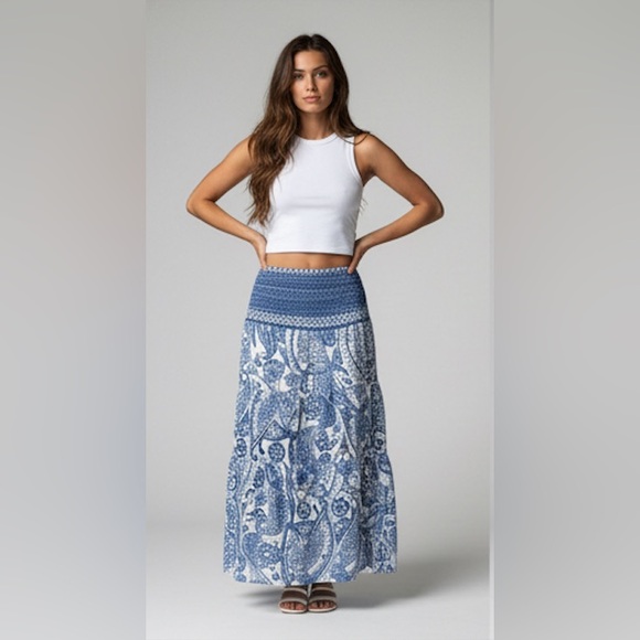 By Design Dresses & Skirts - Bohemian Print Long Flared Shirred Skirt Blue